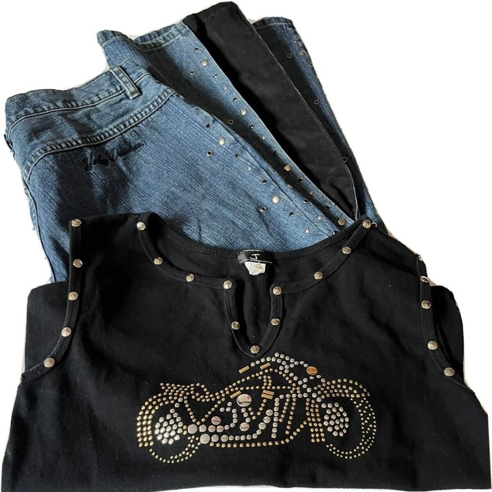 Harley Davis women’s jeans with matching tank top. Preowned